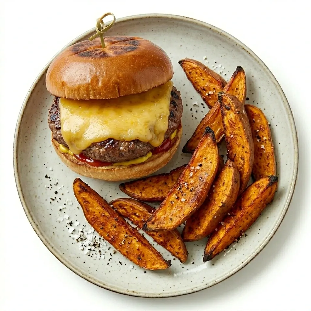 Hand-Pressed Buttermilk Beef Burger With Piquant Paprika Sweet Potato Wedges